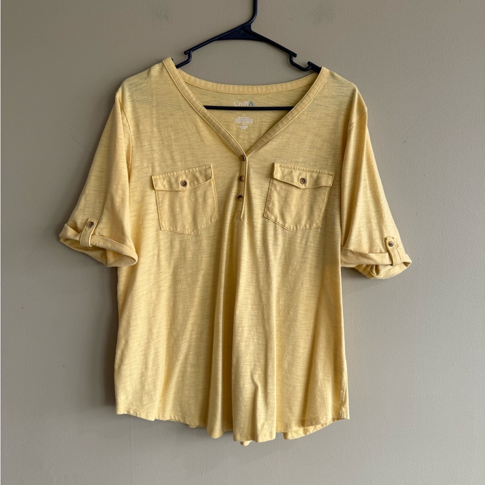 croft & barrow Light Yellow V-Neck Henley with Utility Pockets